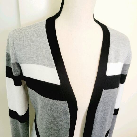 Women's Striped Long Open Cardigan - Black White Gray Size Small Sweater - Picture 3 of 11